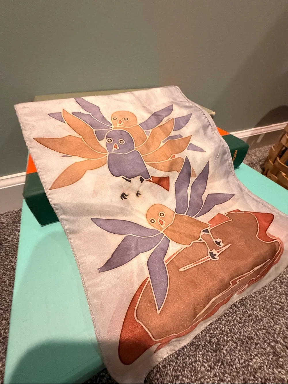 Silk Bird Print Decorative Scarf - Light Blue, Tan & Purple